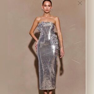 MESHKI “Cassia” Strapless Sequin Rose Midi Dress - Silver